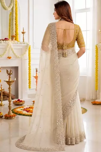 Off white embellished embroidered poly georgette heavy work saree