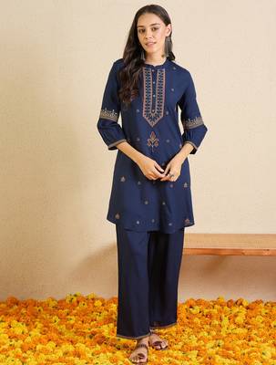 Blue printed viscose rayon kurta trouser set 1