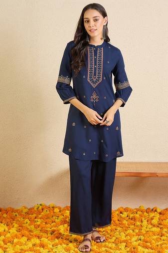 Blue printed viscose rayon kurta trouser set