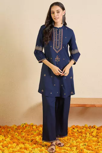 Blue printed viscose rayon kurta trouser set