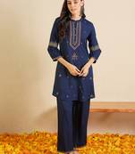 Blue printed viscose rayon kurta trouser set