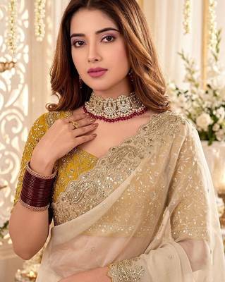 Off white embellished embroidered poly georgette heavy work saree 3