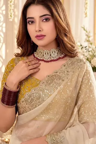Off white embellished embroidered poly georgette heavy work saree
