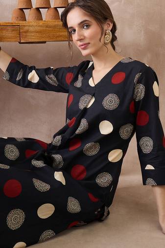 Black printed cotton kurta trouser set