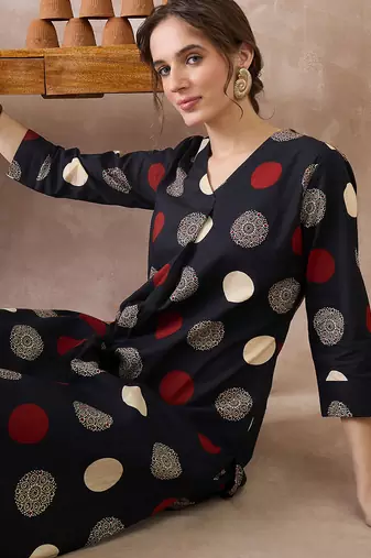 Black printed cotton kurta trouser set