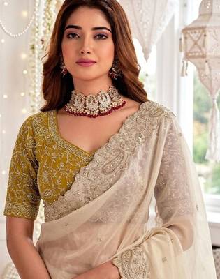 Off white embellished embroidered poly georgette heavy work saree 4
