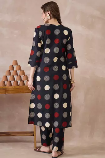 Black printed cotton kurta trouser set
