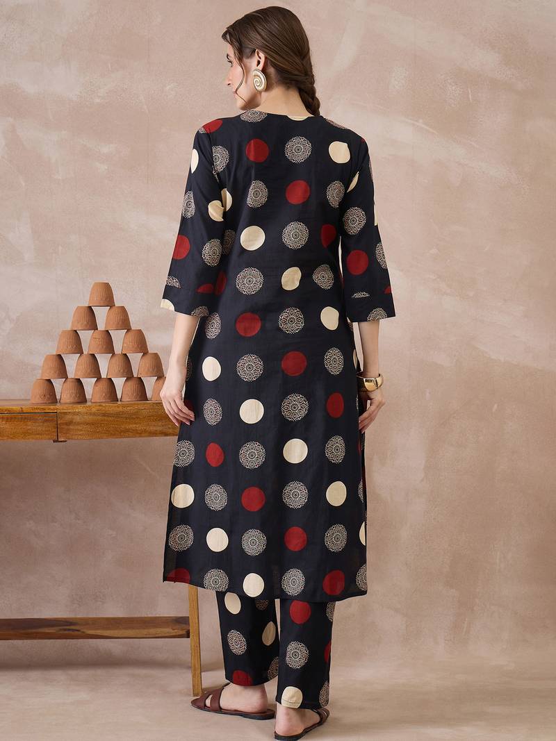 Black printed cotton kurta trouser set