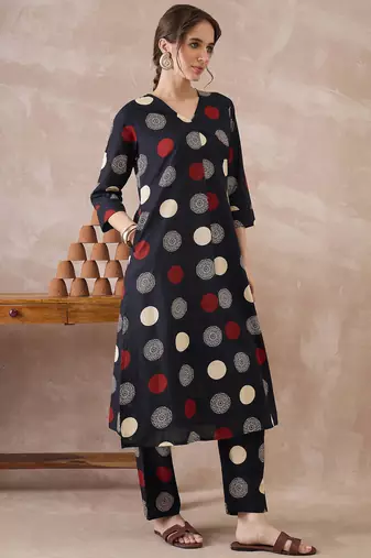 Black printed cotton kurta trouser set