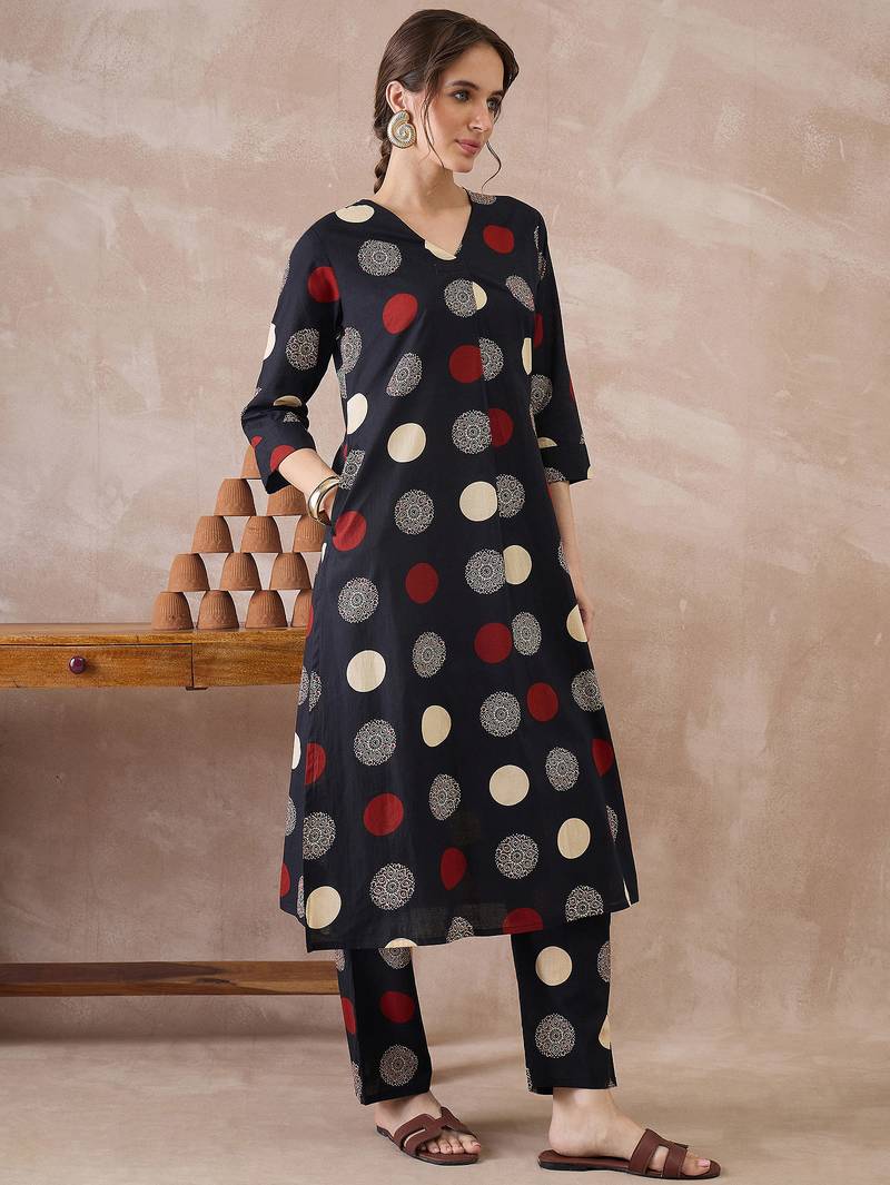 Black printed cotton kurta trouser set