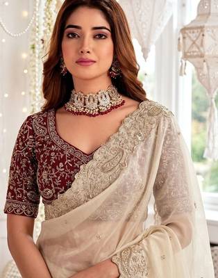 Cream embellished embroidered poly georgette heavy work saree 4