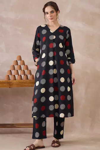 Black printed cotton kurta trouser set