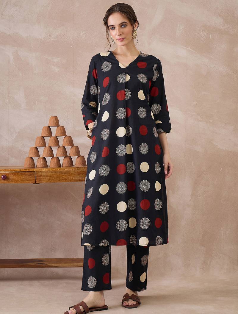 Black printed cotton kurta trouser set