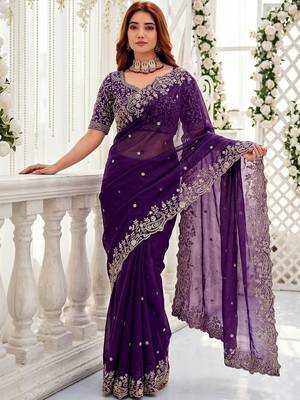 Purple embellished embroidered poly georgette heavy work saree 1