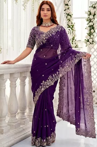 Purple embellished embroidered poly georgette heavy work saree