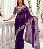 Purple embellished embroidered poly georgette heavy work saree