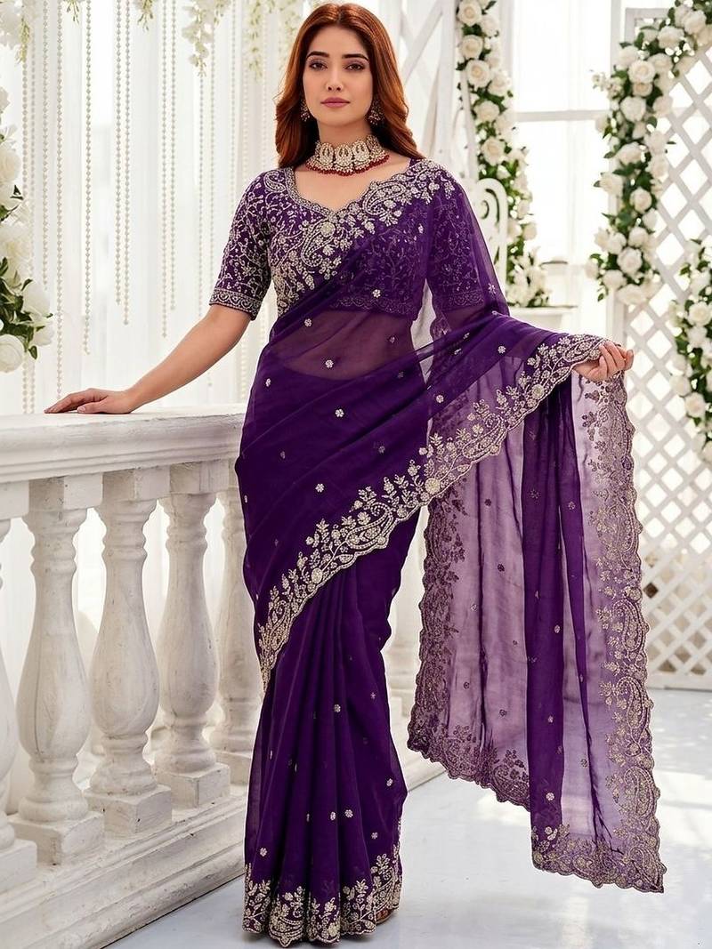 Purple embellished embroidered poly georgette heavy work saree