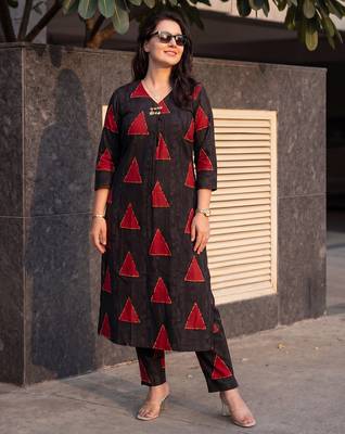 Black printed cotton kurta trouser set 1