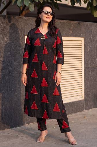 Black printed cotton kurta trouser set