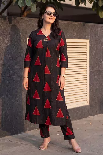 Black printed cotton kurta trouser set