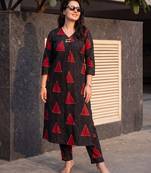 Black printed cotton kurta trouser set
