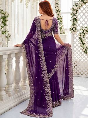 Purple embellished embroidered poly georgette heavy work saree 2