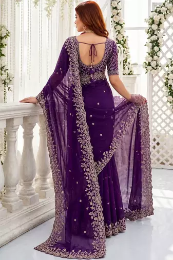 Purple embellished embroidered poly georgette heavy work saree
