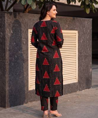 Black printed cotton kurta trouser set 2