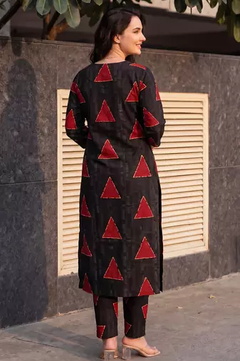 Black printed cotton kurta trouser set