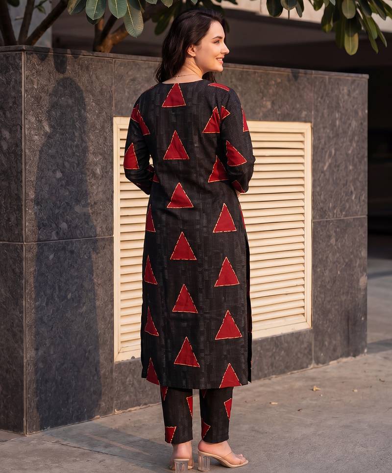 Black printed cotton kurta trouser set