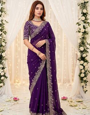Purple embellished embroidered poly georgette heavy work saree 3