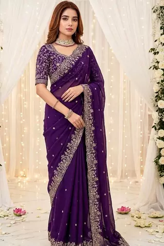 Purple embellished embroidered poly georgette heavy work saree