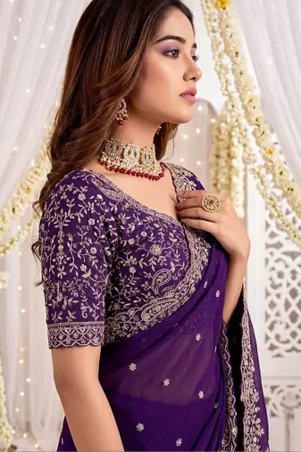 Purple embellished embroidered poly georgette heavy work saree