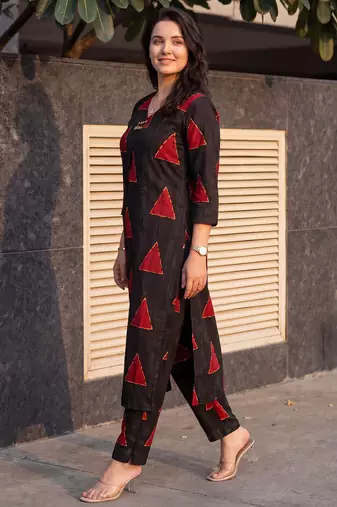 Black printed cotton kurta trouser set