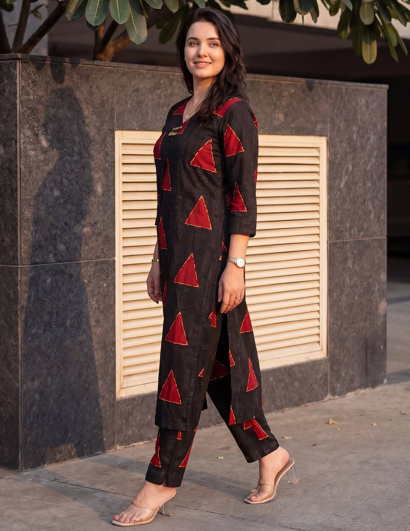 Black printed cotton kurta trouser set