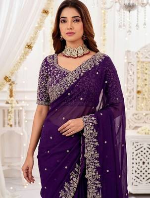 Purple embellished embroidered poly georgette heavy work saree 5