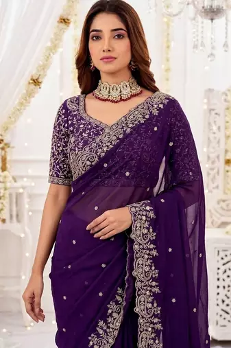 Purple embellished embroidered poly georgette heavy work saree