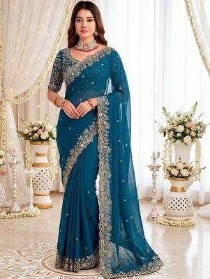 Teal embellished embroidered poly georgette heavy work saree 1