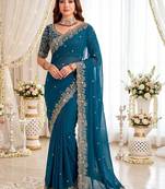 Teal embellished embroidered poly georgette heavy work saree
