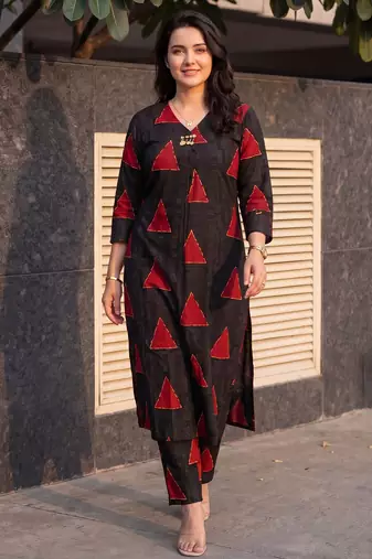 Black printed cotton kurta trouser set