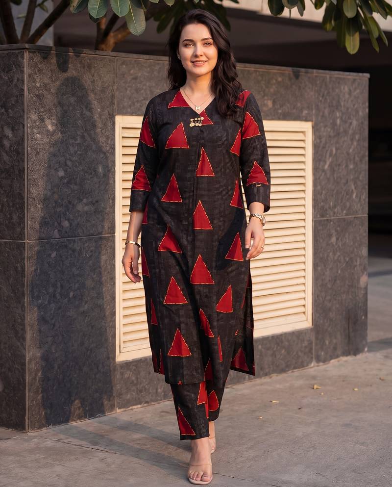 Black printed cotton kurta trouser set