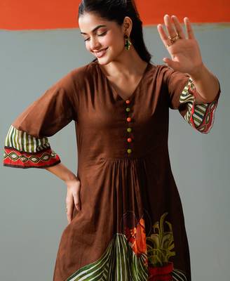Brown printed cotton kurta trouser set 2