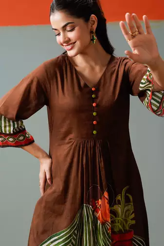 Brown printed cotton kurta trouser set