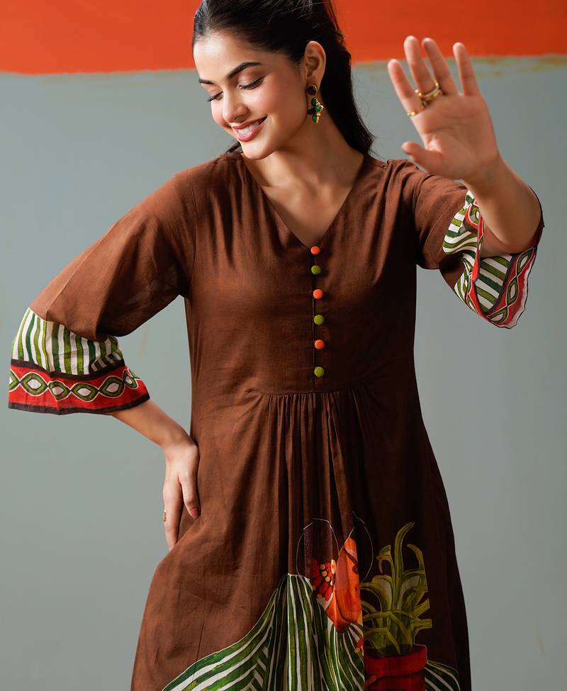 Brown printed cotton kurta trouser set