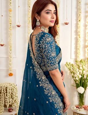 Teal embellished embroidered poly georgette heavy work saree 4