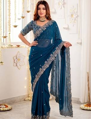 Teal embellished embroidered poly georgette heavy work saree 5