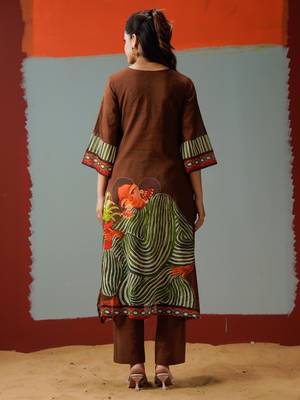 Brown printed cotton kurta trouser set 3