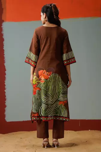 Brown printed cotton kurta trouser set