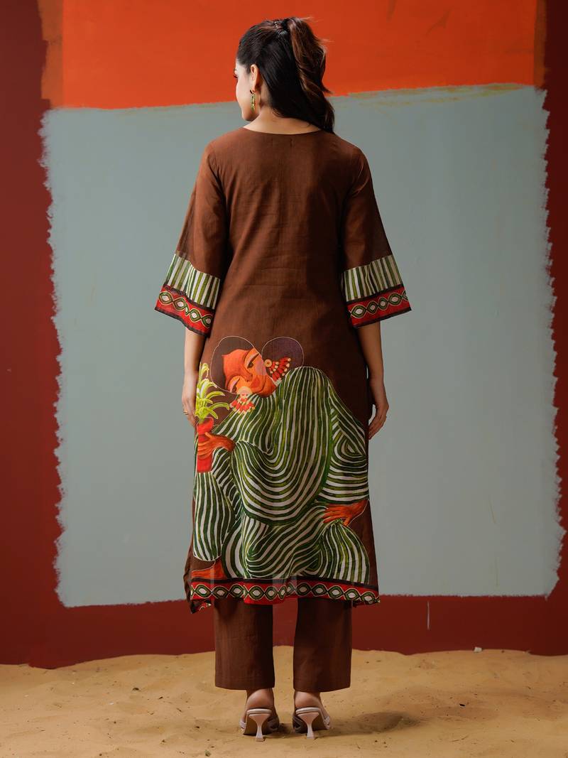 Brown printed cotton kurta trouser set