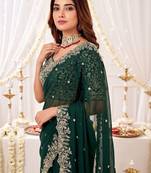 Green embellished embroidered poly georgette heavy work saree